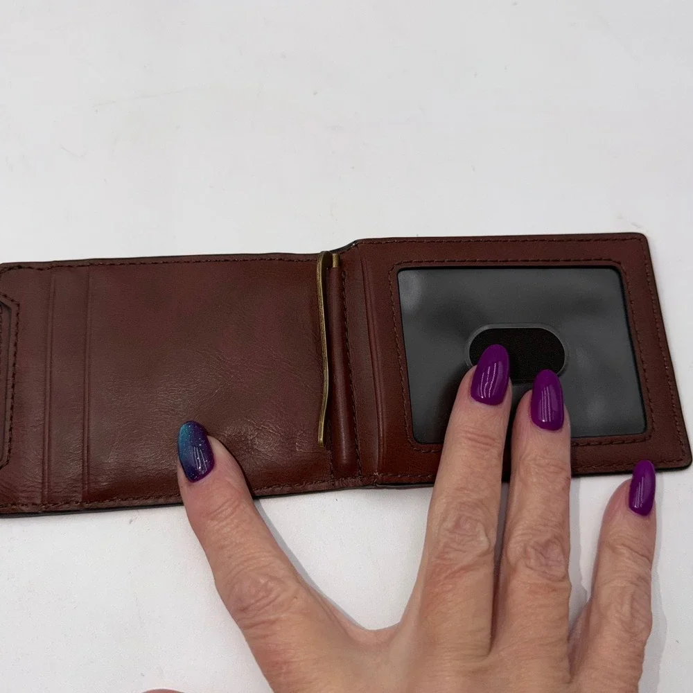 Fossil Mens Leather Bifold Money Clip Wallet Tropical Floral Print Black Brown